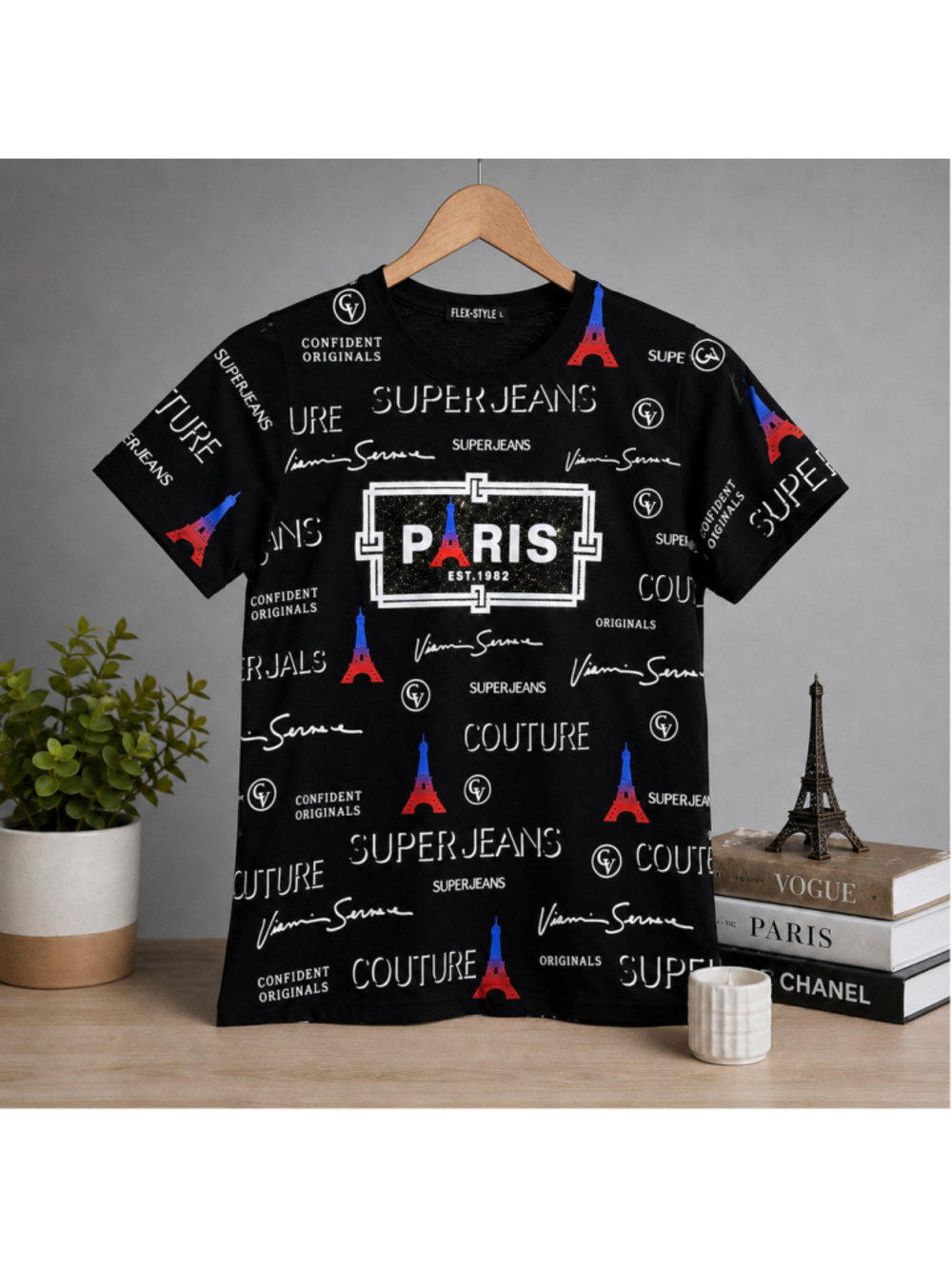 Flex-Style Boys L Paris Eiffel Tower Graphic T-Shirt Black Sparkle Youth